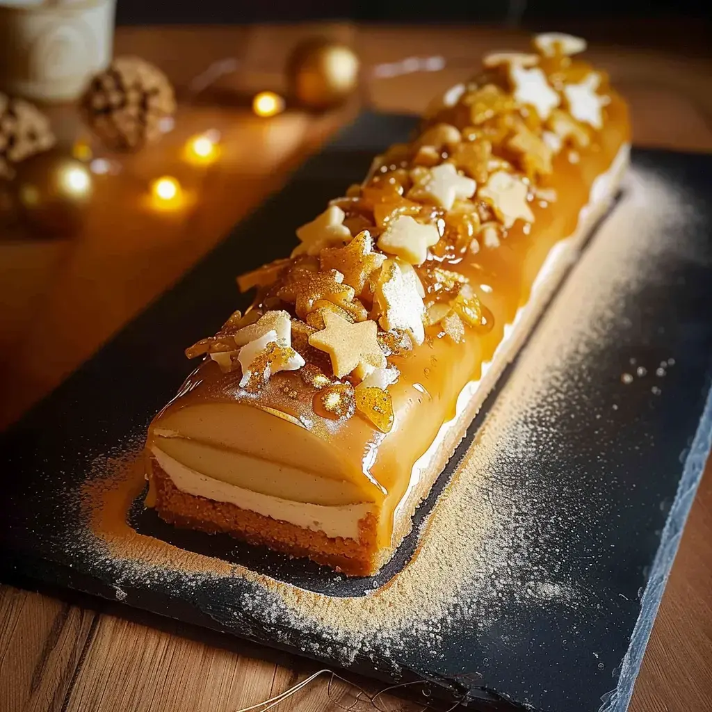 Gâteau roulé tout doré décoré de caramel, de confiture et d'étoiles en sucre sur un joli plateau sombre.