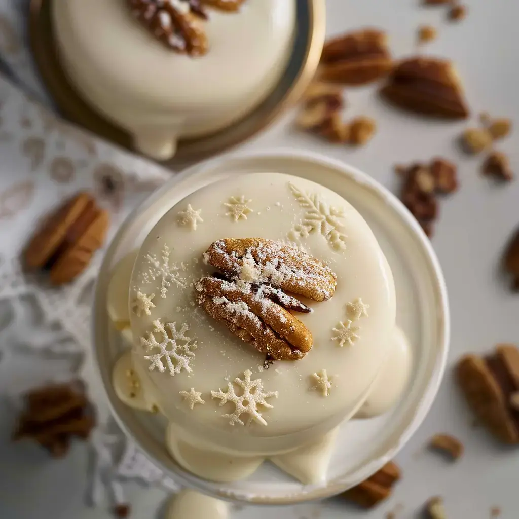 Un petit bijou sucré habillé de chocolat blanc, noix de pécan et motifs de neige, posé dans une assiette.