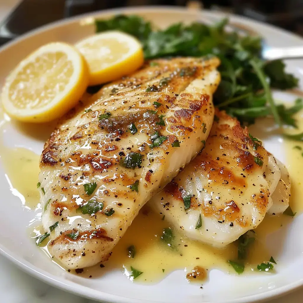 Deux morceaux de poisson dorés, nappés de sauce et servis avec des rondelles de citron et de la verdure.