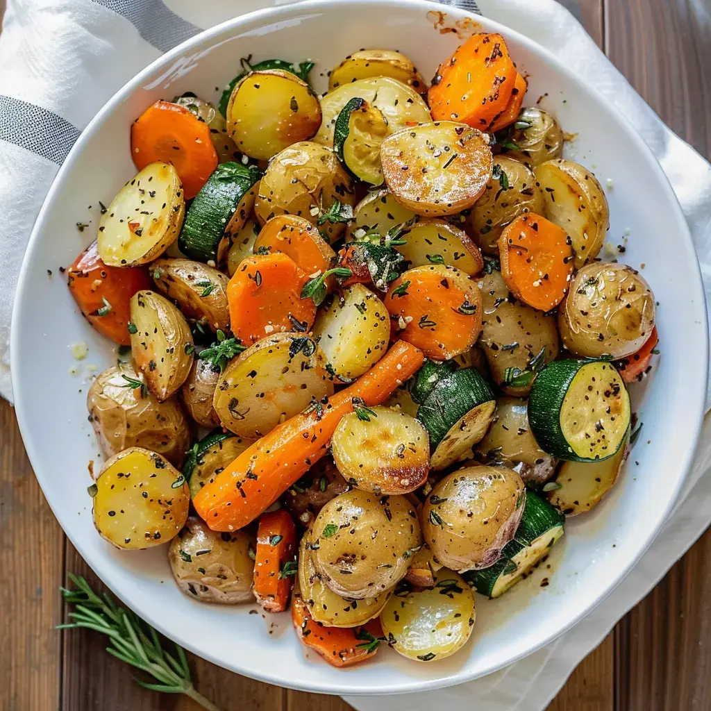Un grand bol blanc déborde de légumes dorés — pommes de terre, carottes, courgettes — le tout parsemé d'herbes fraîches.