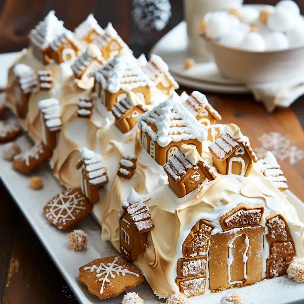 Village gourmand en pain d’épices avec crème et sucre glace présenté sur un grand plat.