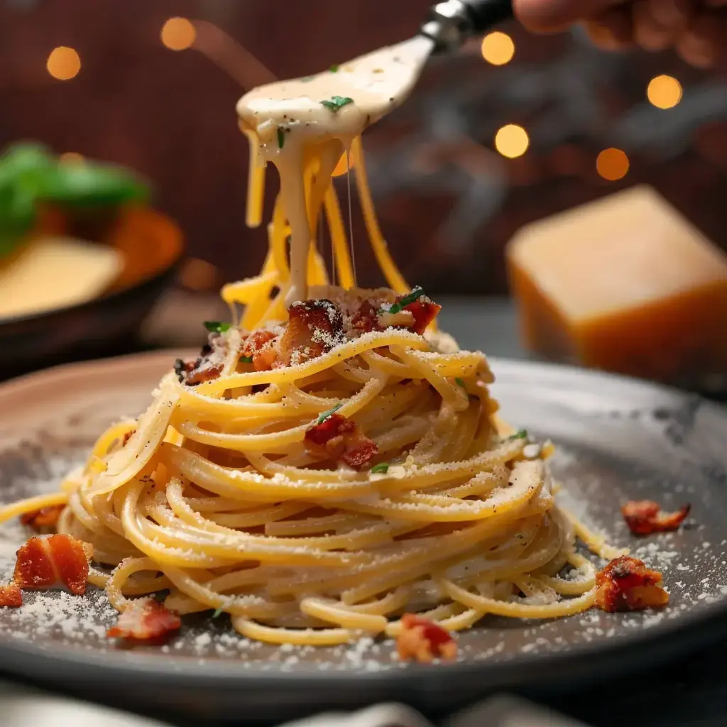 Spaghettis enrobés de fromage fondant et garnis de lard croustillant, servis dans une assiette blanche avec une fourchette.