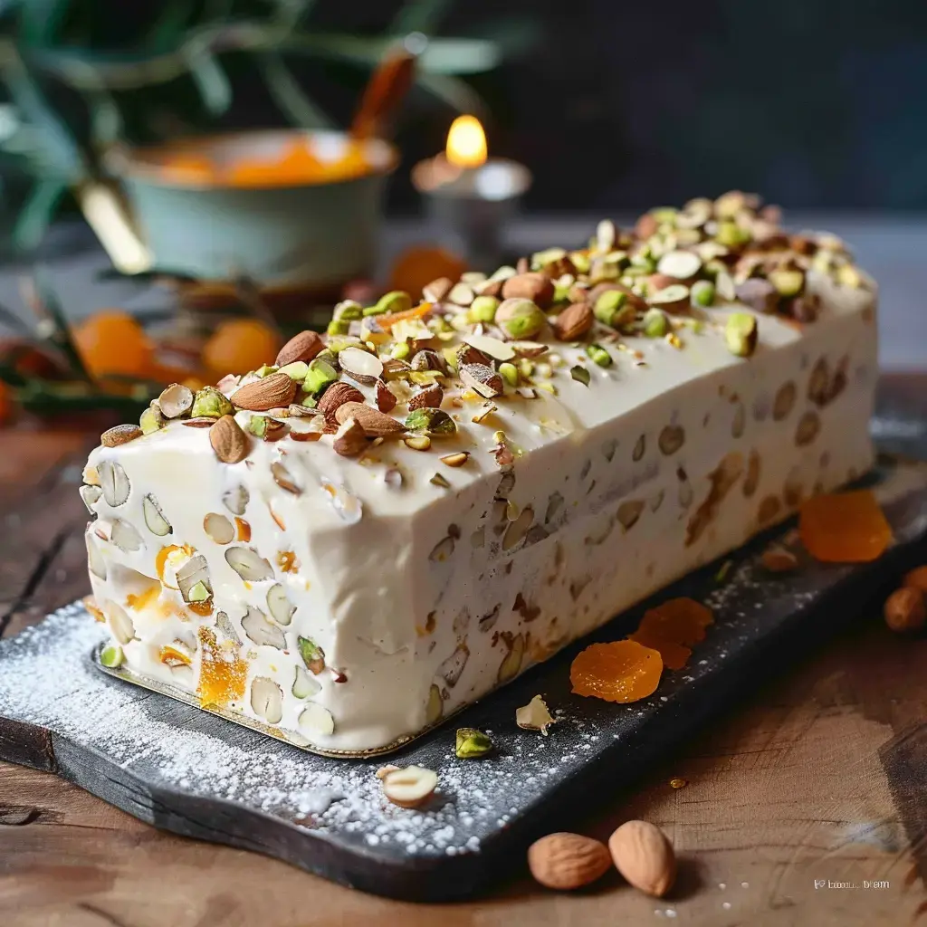 Un entremets glacé aux fruits et aux noix, parsemé d'amandes et de pistaches, posé sur une planche en bois.