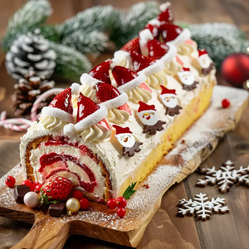 Bûche de Noël garnie de fraises et crème chantilly, décorée pour les fêtes sur une planche en bois.