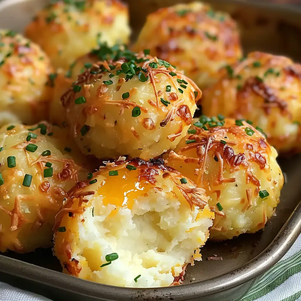 Des boulettes de pommes de terre bien dorées avec fromage coulant et ciboulette, servies dans un beau plat.