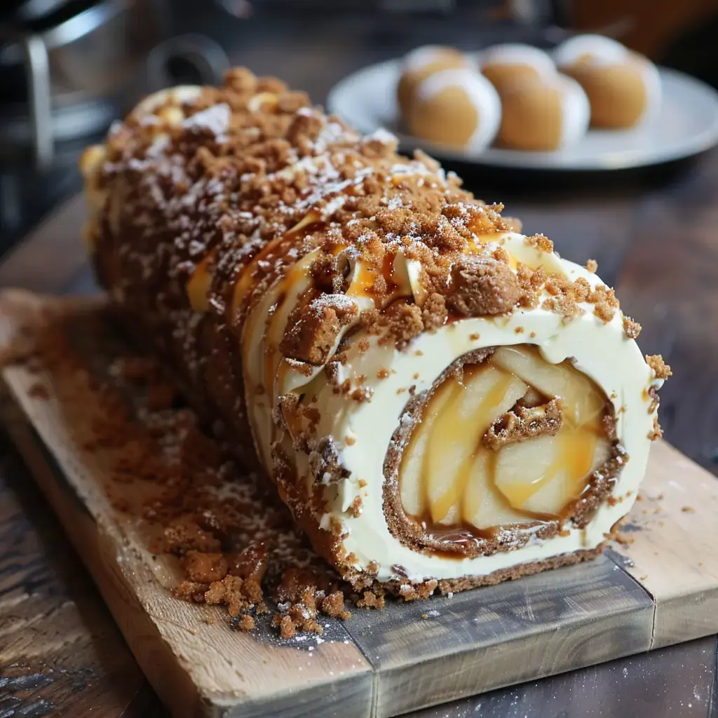 Un dessert roulé bien gourmand garni de pommes, crème onctueuse et morceaux de spéculoos, posé sur une planche en bois.