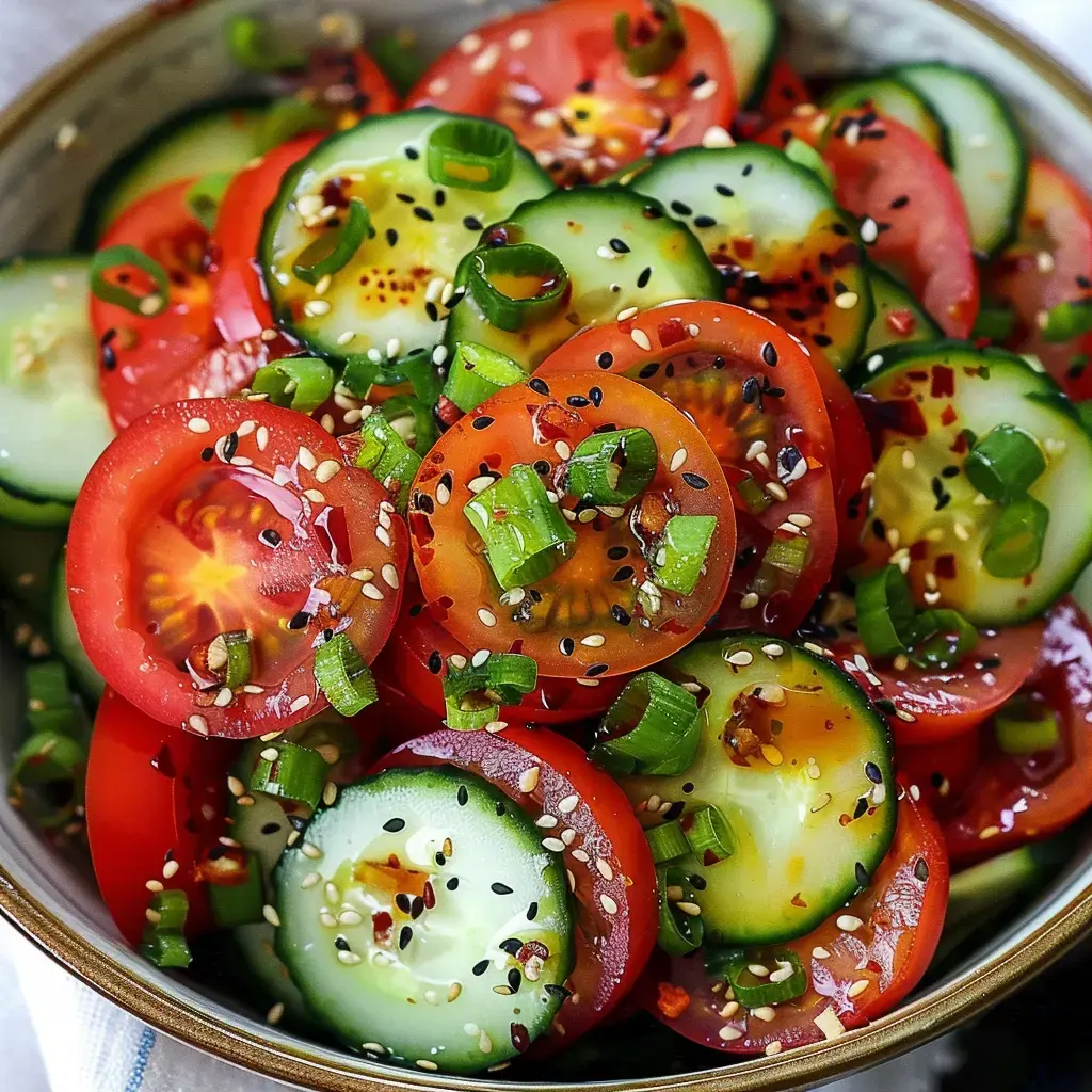 Une assiette haute en couleurs avec des rondelles de tomates et concombres, graines de sésame et oignons nouveaux par-dessus.