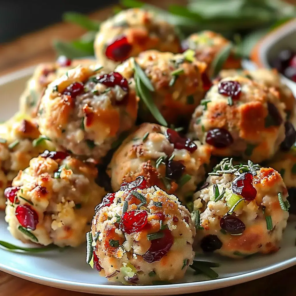 Boulettes dorées avec cranberries et herbes posées sur une assiette blanche.
