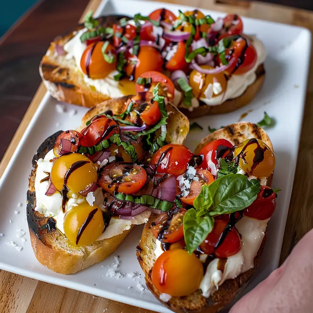 Tranches de pain grillées garnies de burrata, tomates cerises multicolores, oignons rouges, basilic et filet de balsamique sur une assiette.