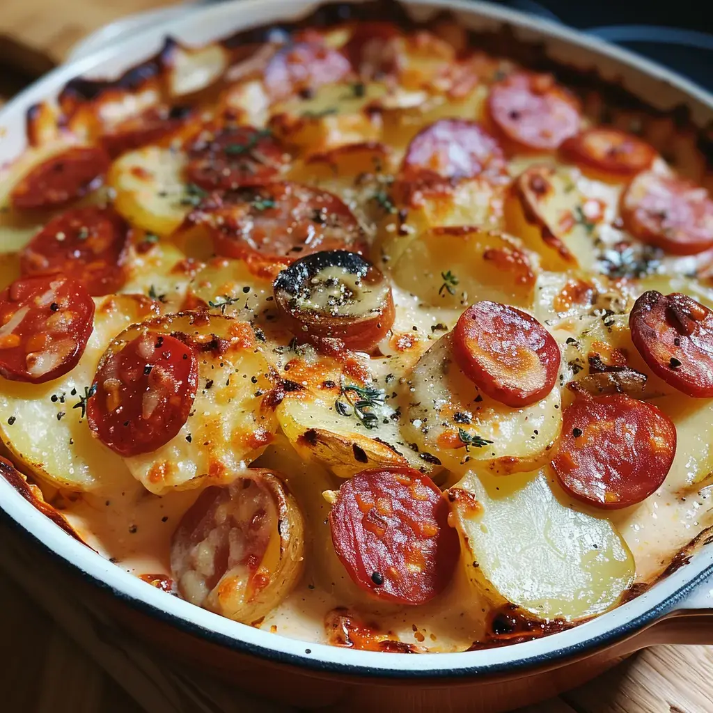 Plat gratiné à base de pommes de terre, chorizo et fromage doré, parsemé d’herbes fraîches.