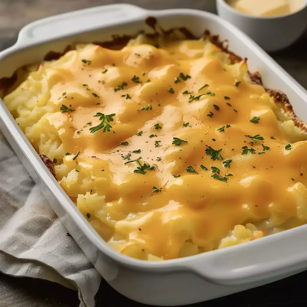 Gratin crémeux de pommes de terre avec fromage doré et une pointe de persil.