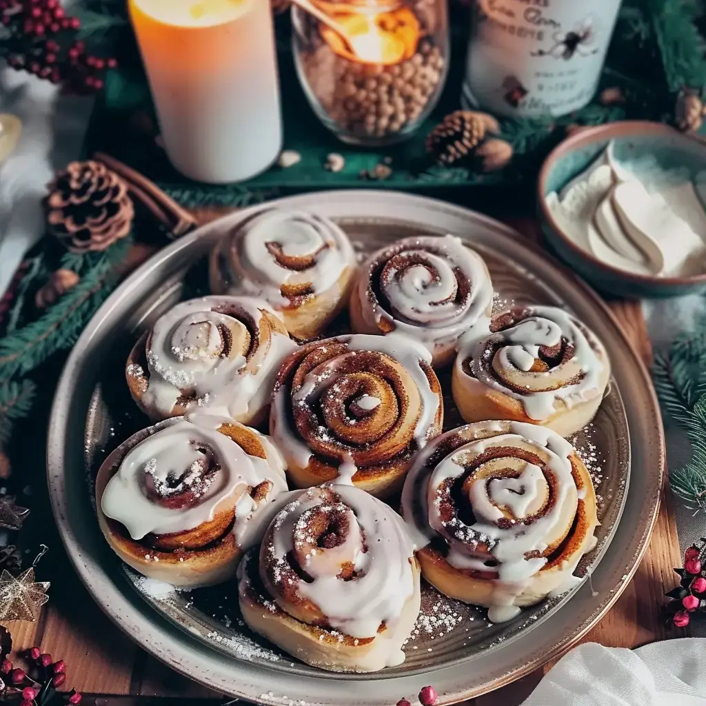 Un joli plat de roulés à la cannelle nappés de glaçage, posé au milieu de bougies et de déco de Noël.