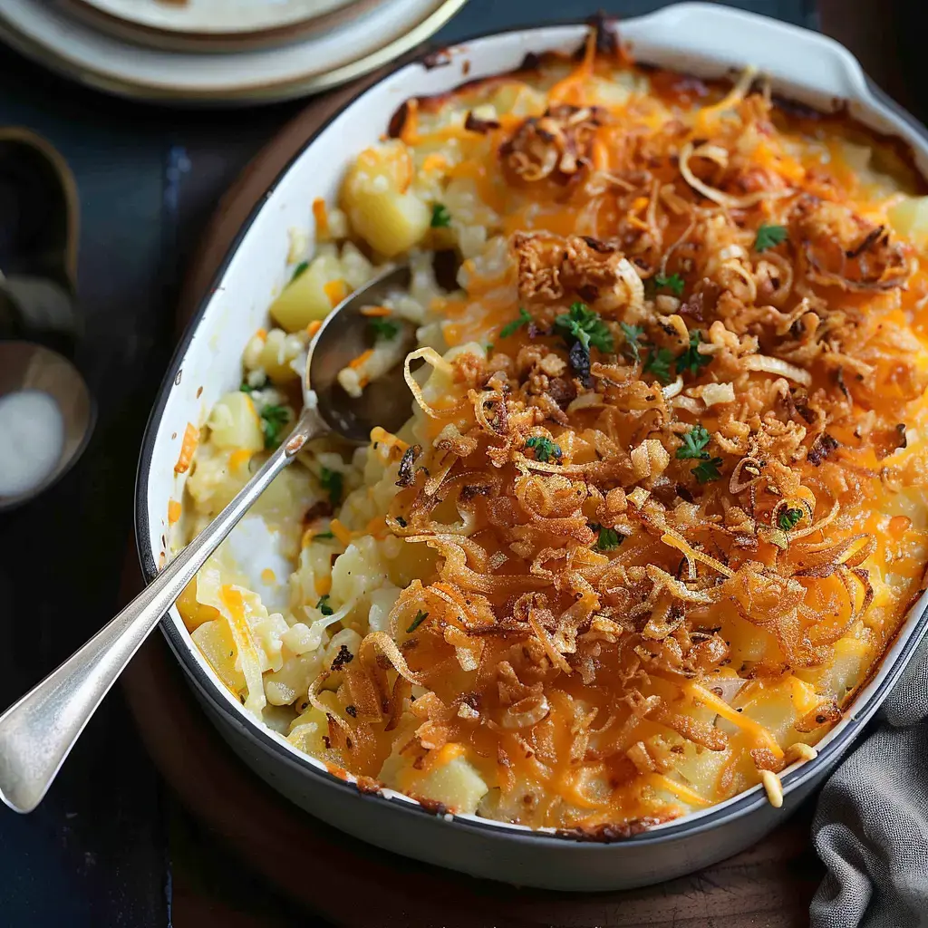 Plat gratiné ultra crémeux, plein de cheddar fondu et d’oignons frits, servi dans un plat à gratin blanc.