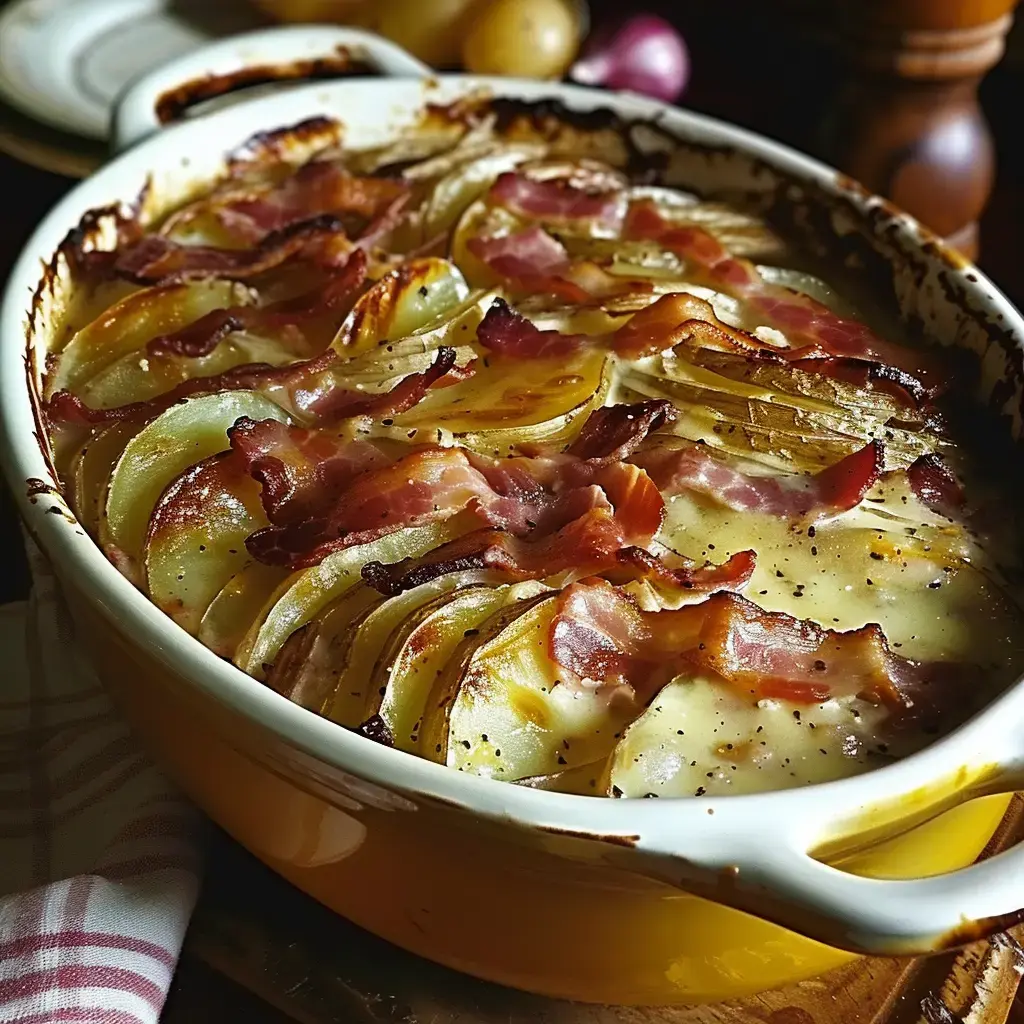 Gratin de pommes de terre, lard doré et crème servi dans un plat en faïence.