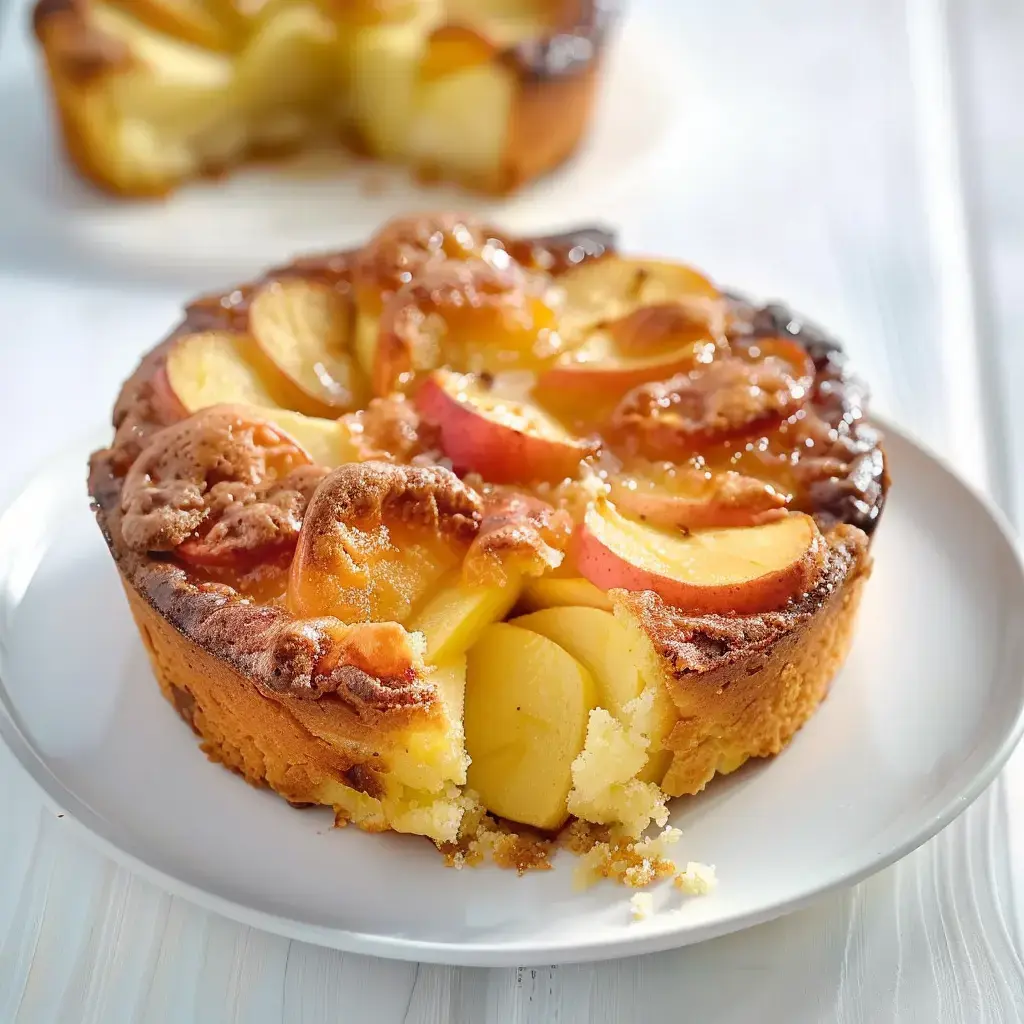 Gâteau aux pommes découpé avec une belle croûte dorée et des morceaux de pommes fondantes.