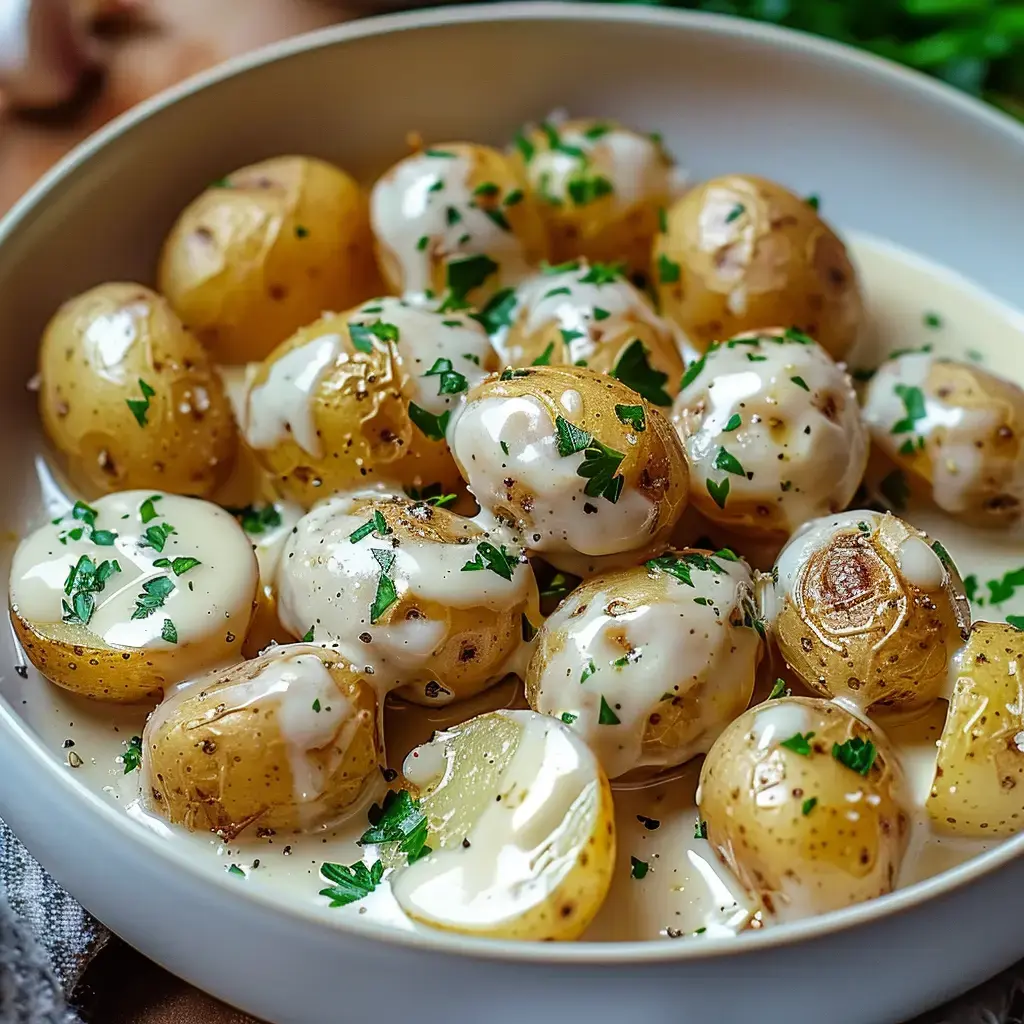 Pommes de terre nouvelles nappées de sauce à la crème et parsemées de persil.