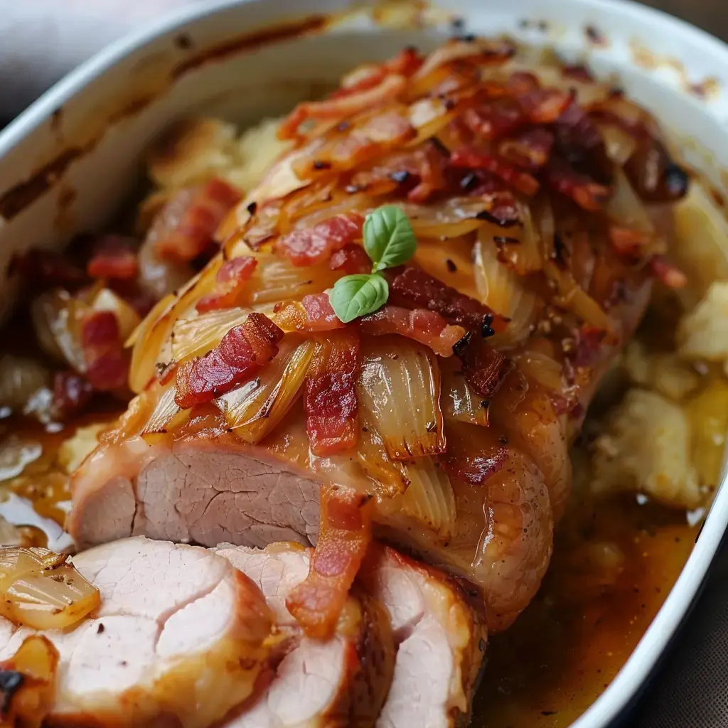 Des tranches de rôti bien servies, parsemées d'oignons et de lardons, nappées de sauce, prêtes à être dégustées.
