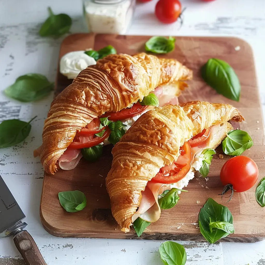 Deux croissants fourrés avec jambon tomates et basilic posés sur une planche en bois avec des tomates cerises à côté.