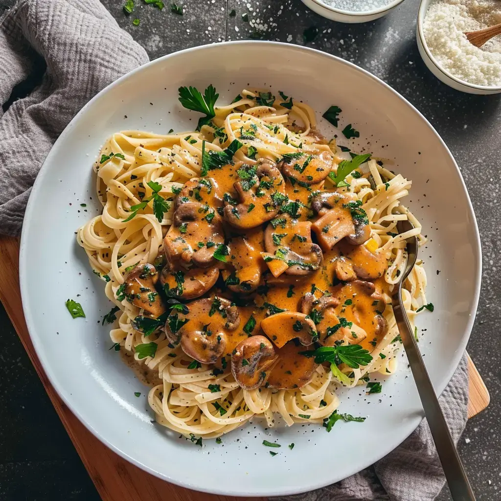 Des tagliatelles nappées de sauce crémeuse aux champignons et couronnées de persil frais.