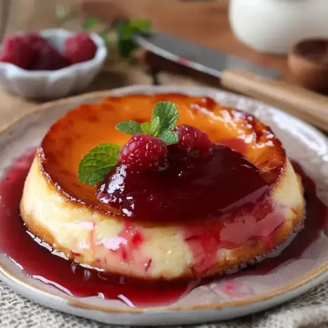 Dessert onctueux nappé de coulis de framboise, parsemé de framboises fraîches et de feuilles de menthe.