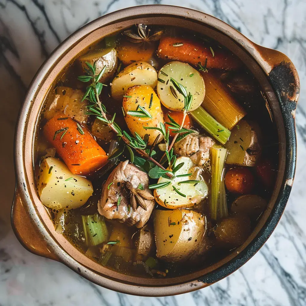 Une poterie en terre pleine de viande tendre et de légumes colorés, le tout parfumé d'herbes fraîches.