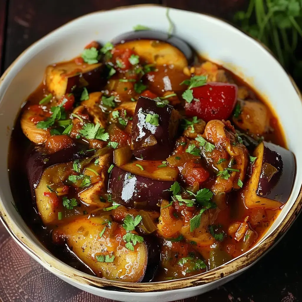 Un plat mijoté rempli de légumes, surtout des aubergines, des poivrons et des tomates, recouvert de coriandre fraîche.