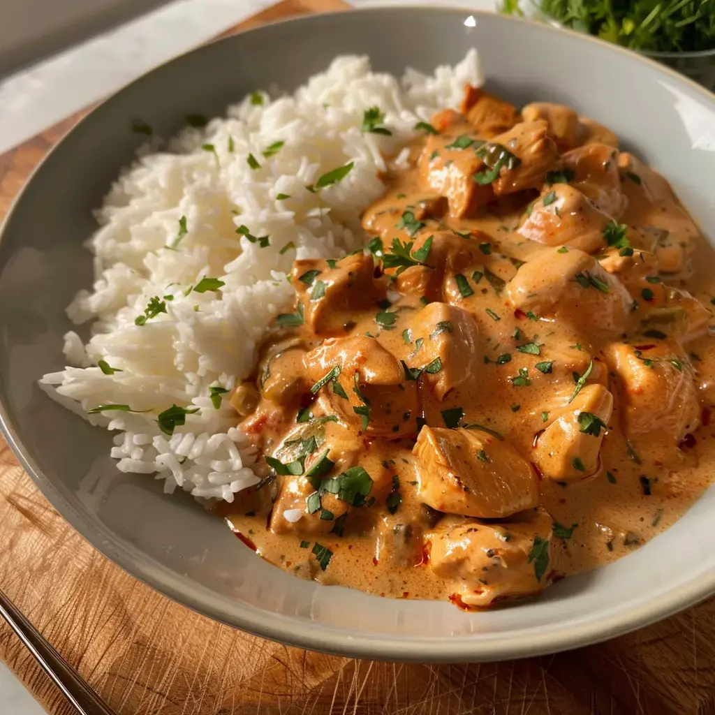 Un bol de poulet fondant nappé d'une sauce crémeuse sur du riz blanc, le tout surmonté de coriandre fraîche.