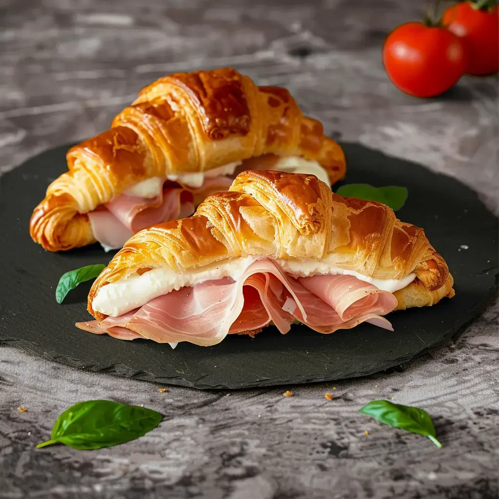 Deux croissants tout chauds fourrés au jambon et au fromage sur un joli plateau noir, un peu de basilic frais et des tomates derrière.