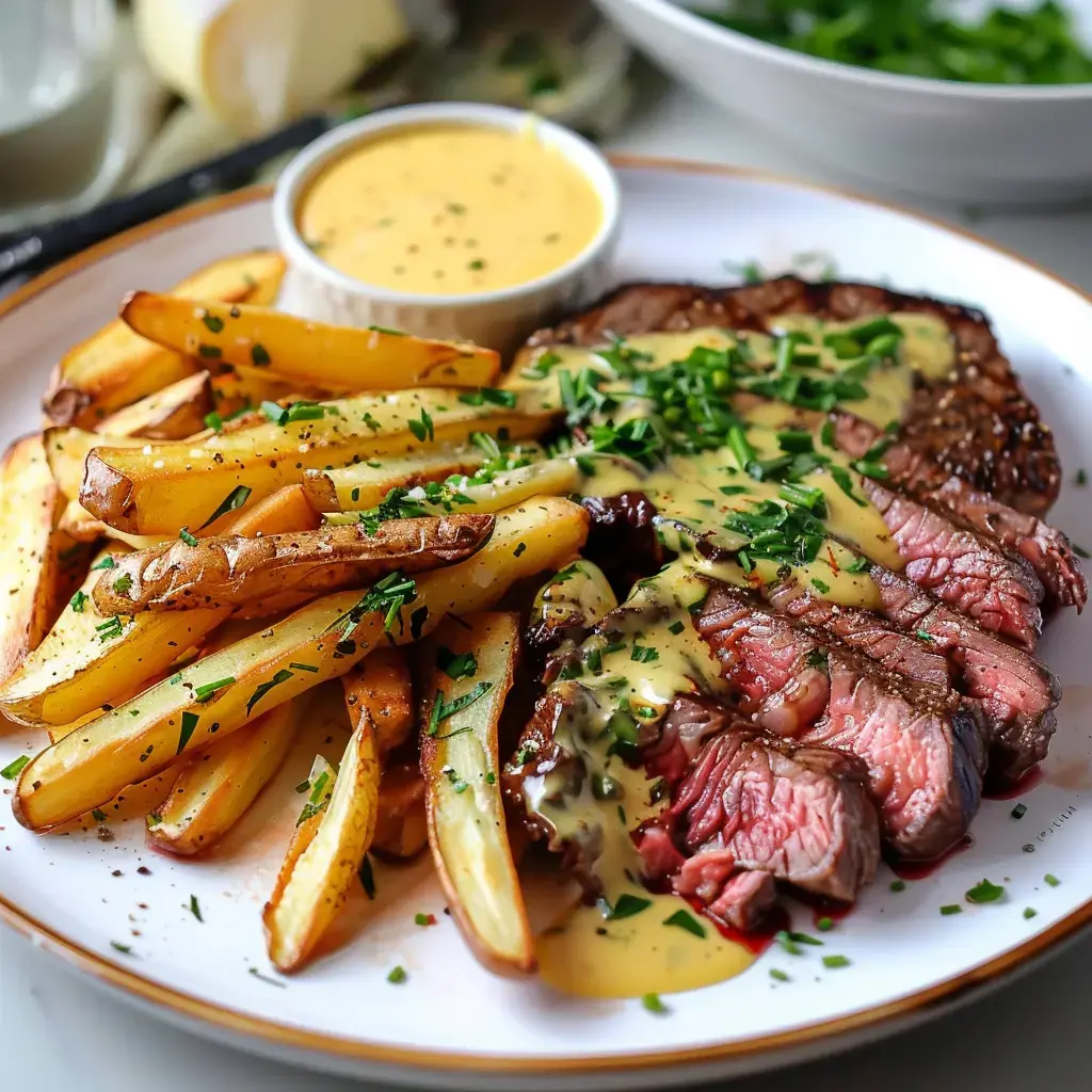 Steak ultra tendre, frites bien dorées, belle sauce crémeuse et ciboulette par-dessus, le tout sur une belle assiette.