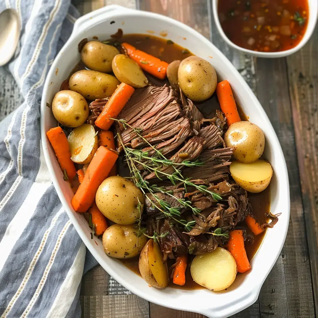 Boeuf mijoté à la sauce avec légumes et herbes servi dans un plat blanc.