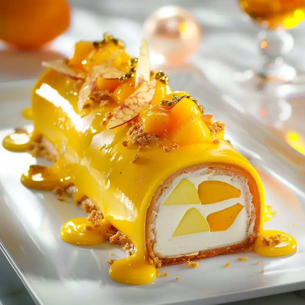 Une bûche stylée avec des fruits frais et du coulis de mangue sur plat clair.