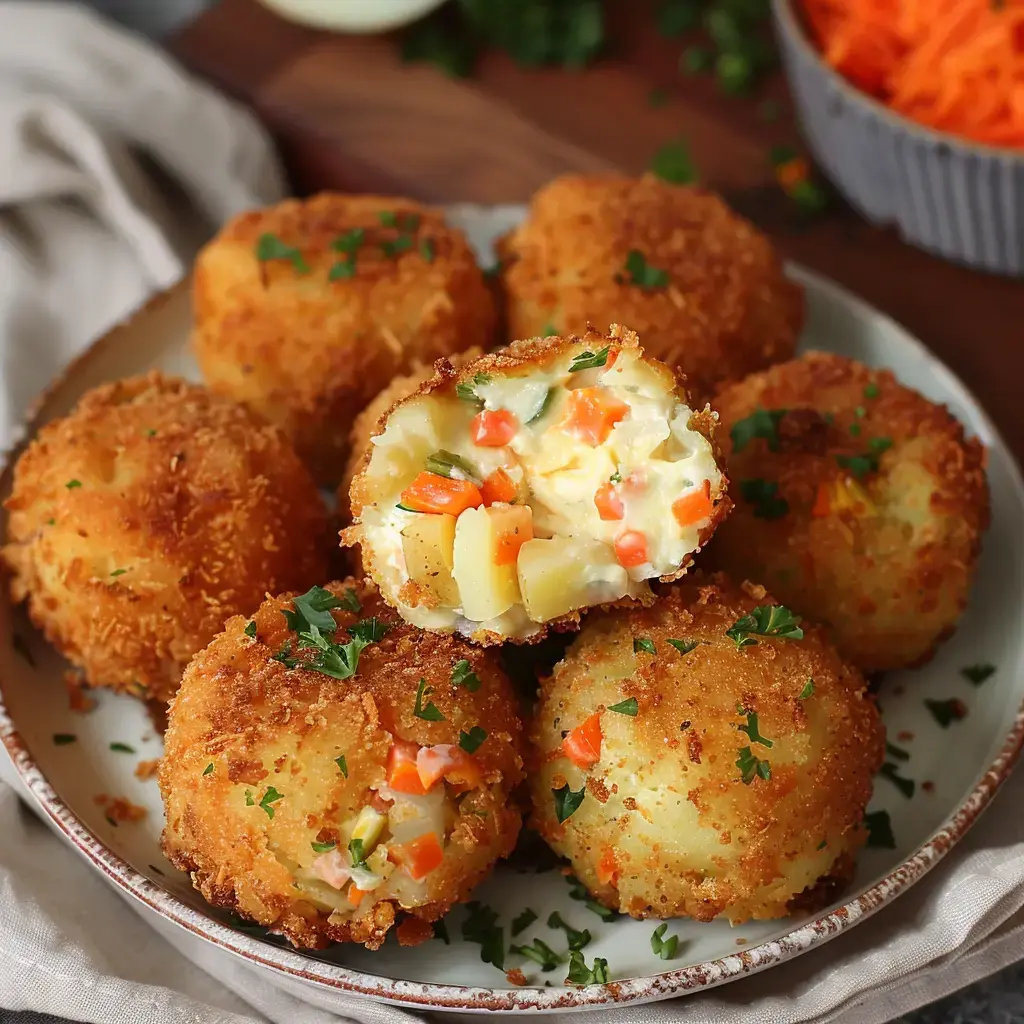 Boulettes bien dorées avec des morceaux de légumes colorés sur une assiette.