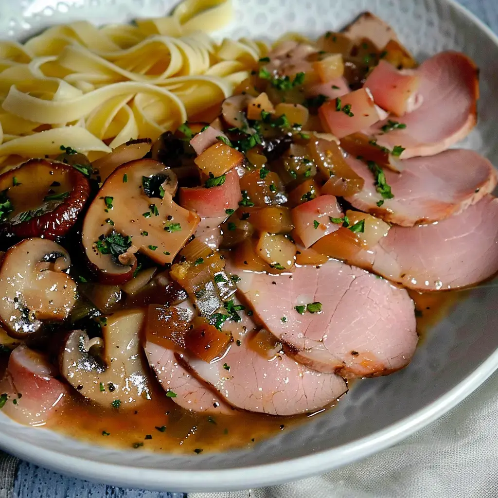 Grandes tranches de jambon avec sauce aux champignons sur lit de tagliatelles, servies avec légumes colorés.