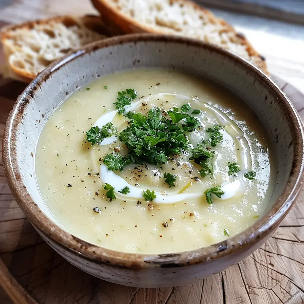 Un velouté crémeux garni de coriandre et d'un filet de crème, servi avec des tranches de pain rustique.