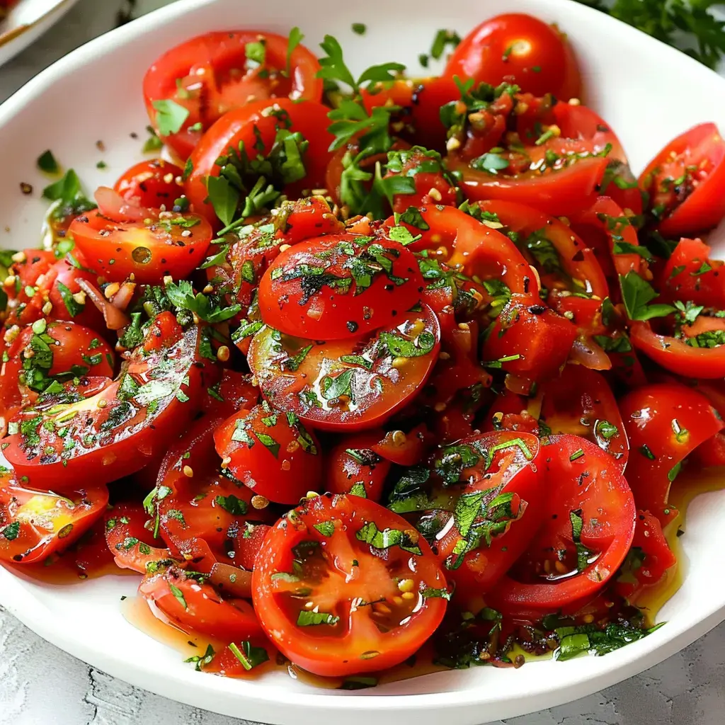 Des tomates coupées, du persil frais et un filet d'huile épicée dans une jolie assiette.