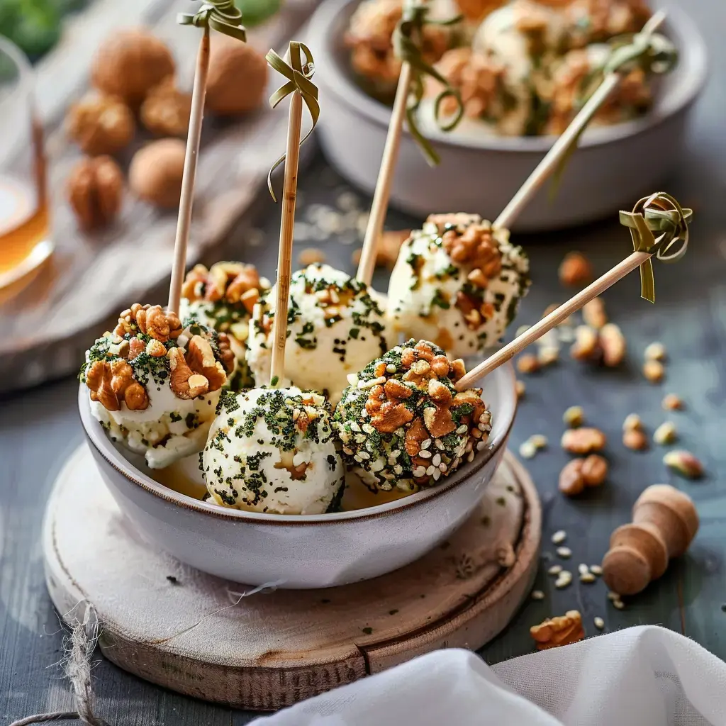 Boules crémeuses au fromage enroulées de noix et d’herbes fraîches, présentées avec des pics en bois dans un joli bol.