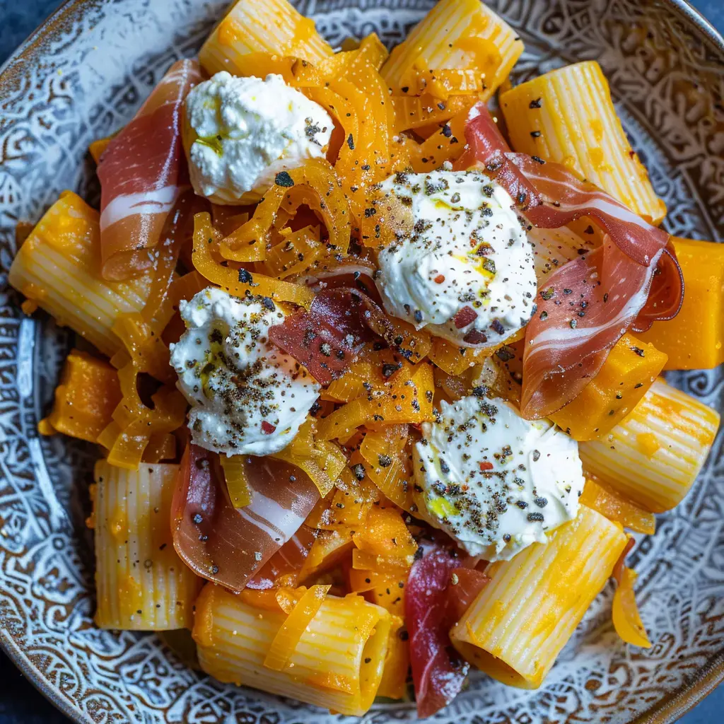 Des rigatoni nappés de sauce avec lanières de jambon cru, petits légumes et plein de ricotta, le tout poivré.