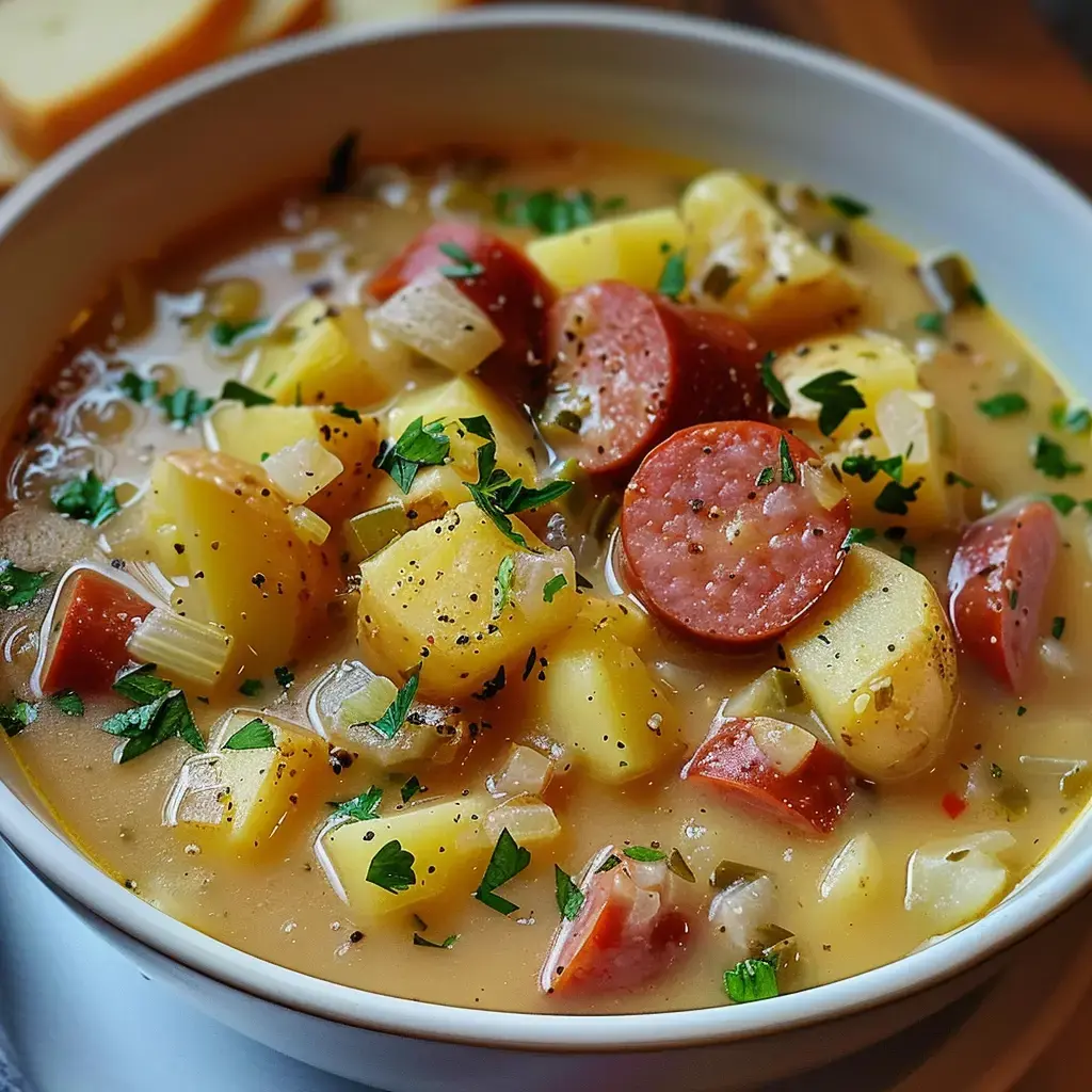 Soupe onctueuse à la saucisse fumée et aux pommes de terre, rehaussée de persil frais.