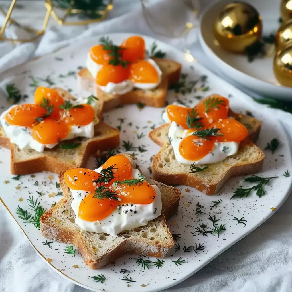 Star toast à la crème et œufs dorés, parsemées d’aneth, sur une assiette avec des herbes fraîches.