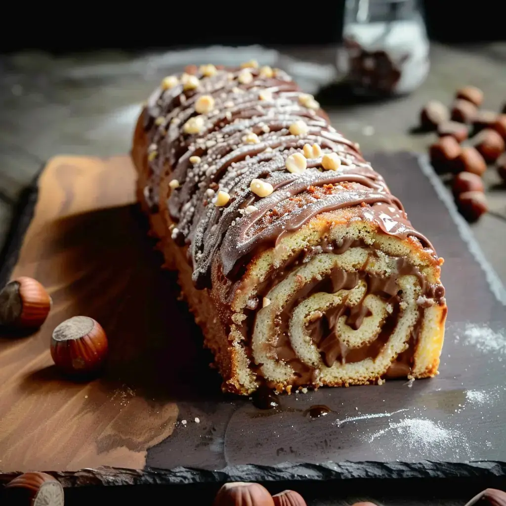 Un roulé chocolaté avec crème et noisettes sur une ardoise.