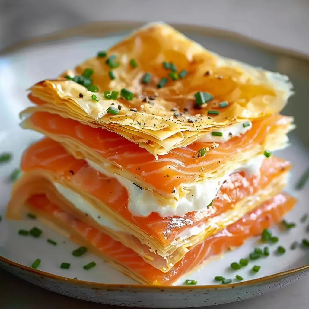 Un feuilleté composé de fines couches de pâte filo séparées par du saumon fumé et de la crème, décoré avec de la ciboulette et du poivre.