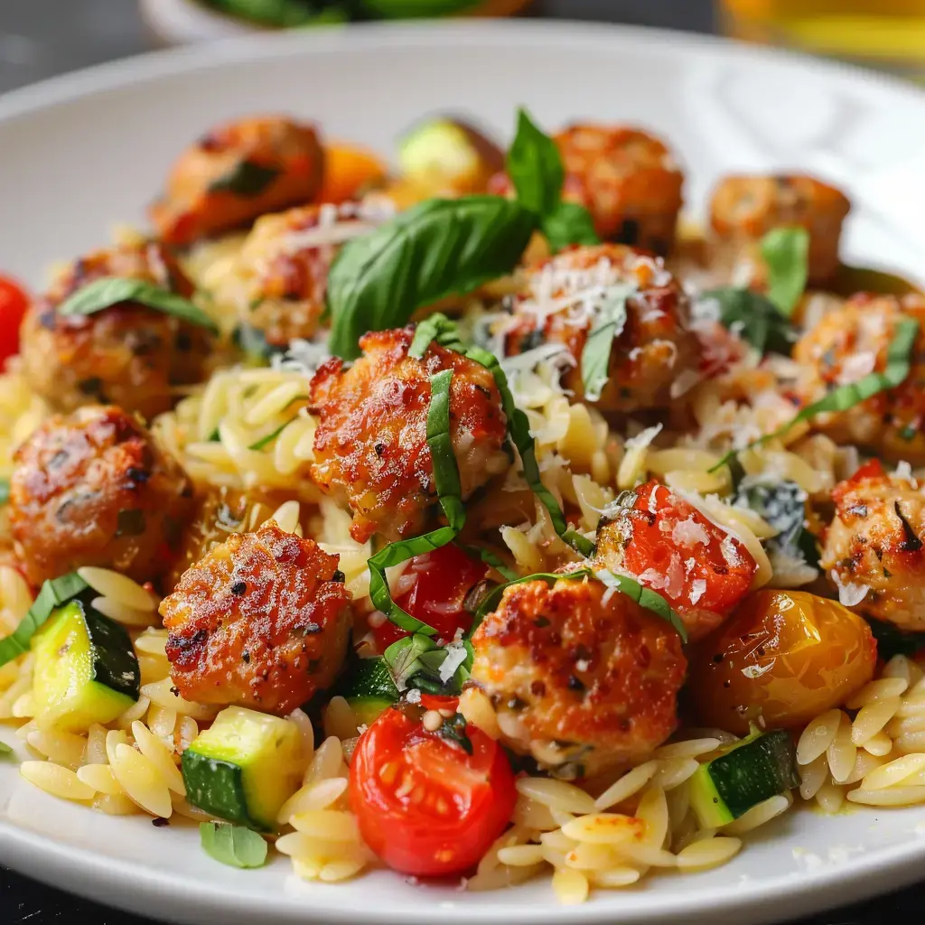 Assiette d’orzo avec boulettes de poulet, tomates cerise, courgettes et basilic.