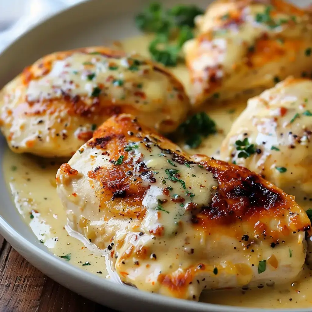 Morceau de poulet baigné dans une sauce onctueuse, décoré de persil, présenté dans une assiette beige.