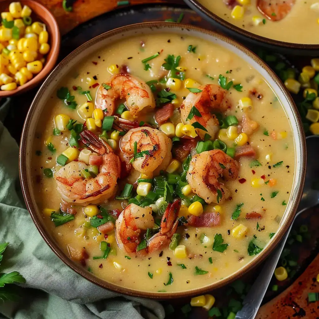 Un velouté bien crémeux aux crevettes agrémenté de maïs frais et de coriandre dans un bol.