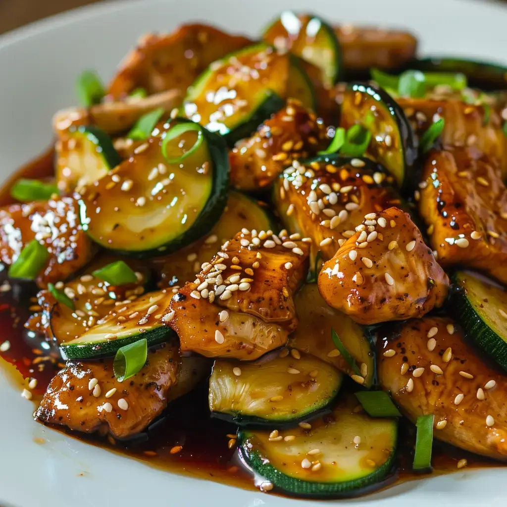 Une assiette gourmande de poulet doré, courgettes et sésame grillé avec oignons verts.