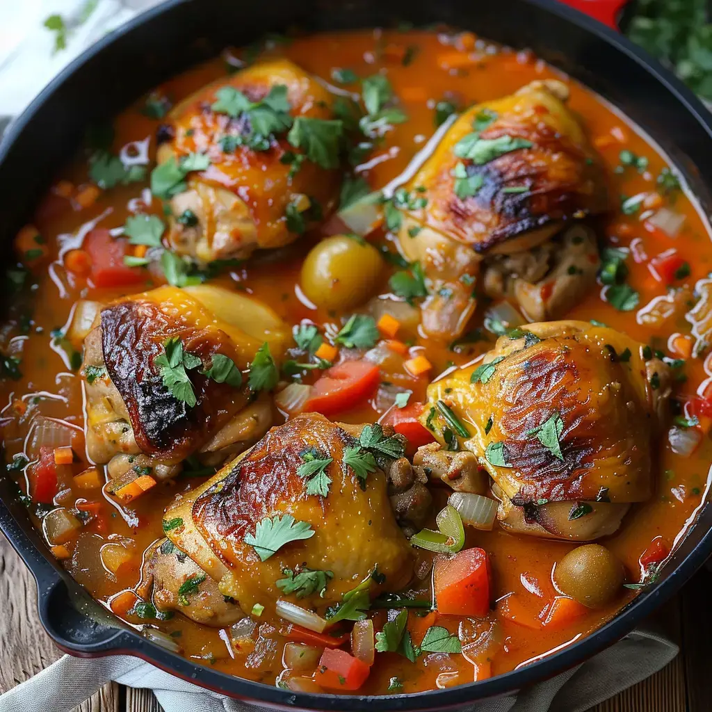 Des cuisses de poulet dorées dans une sauce au lait de coco et tomates, avec légumes et coriandre sur le dessus.