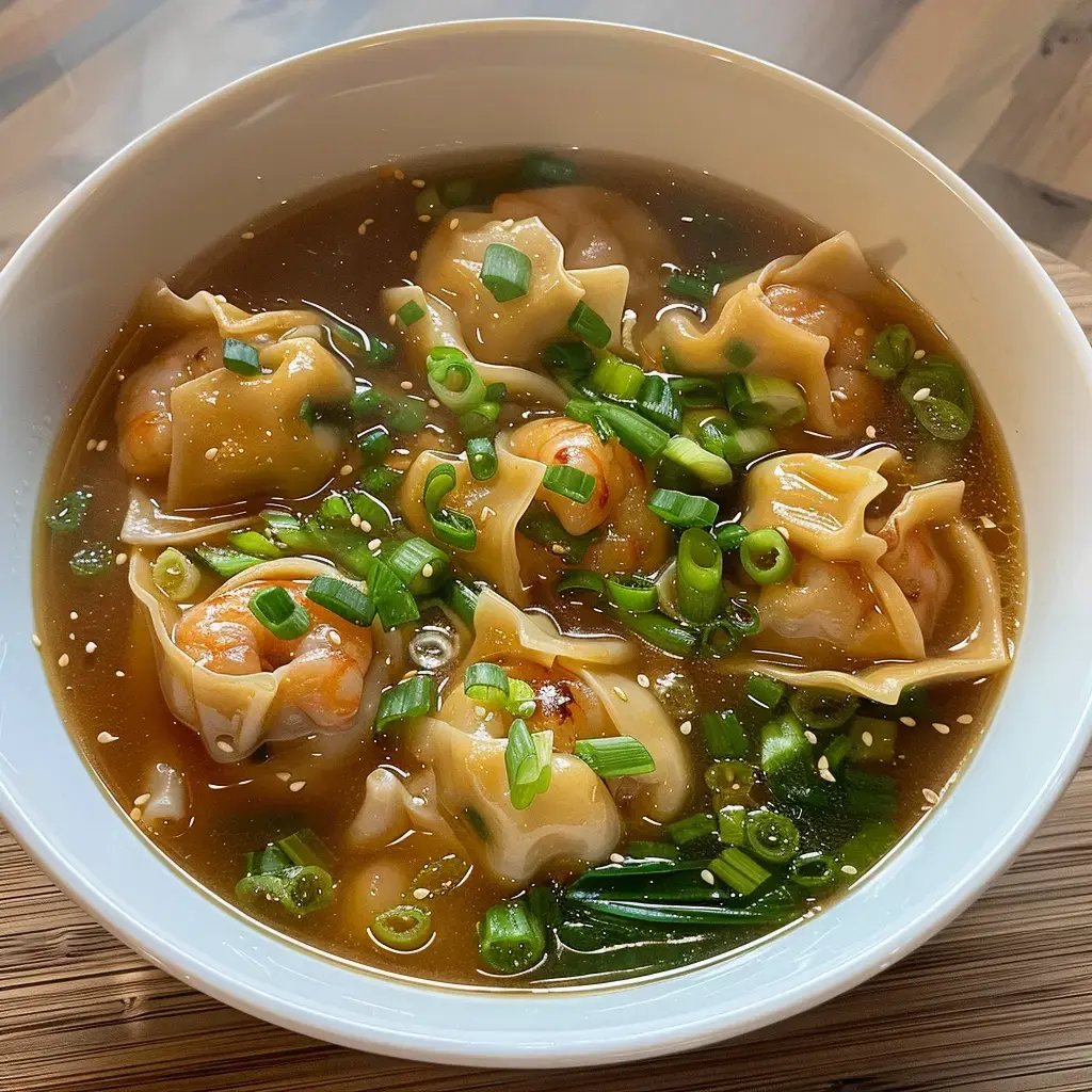 Un beau bol de wontons aux crevettes avec plein de ciboulette et du bouillon parfumé.