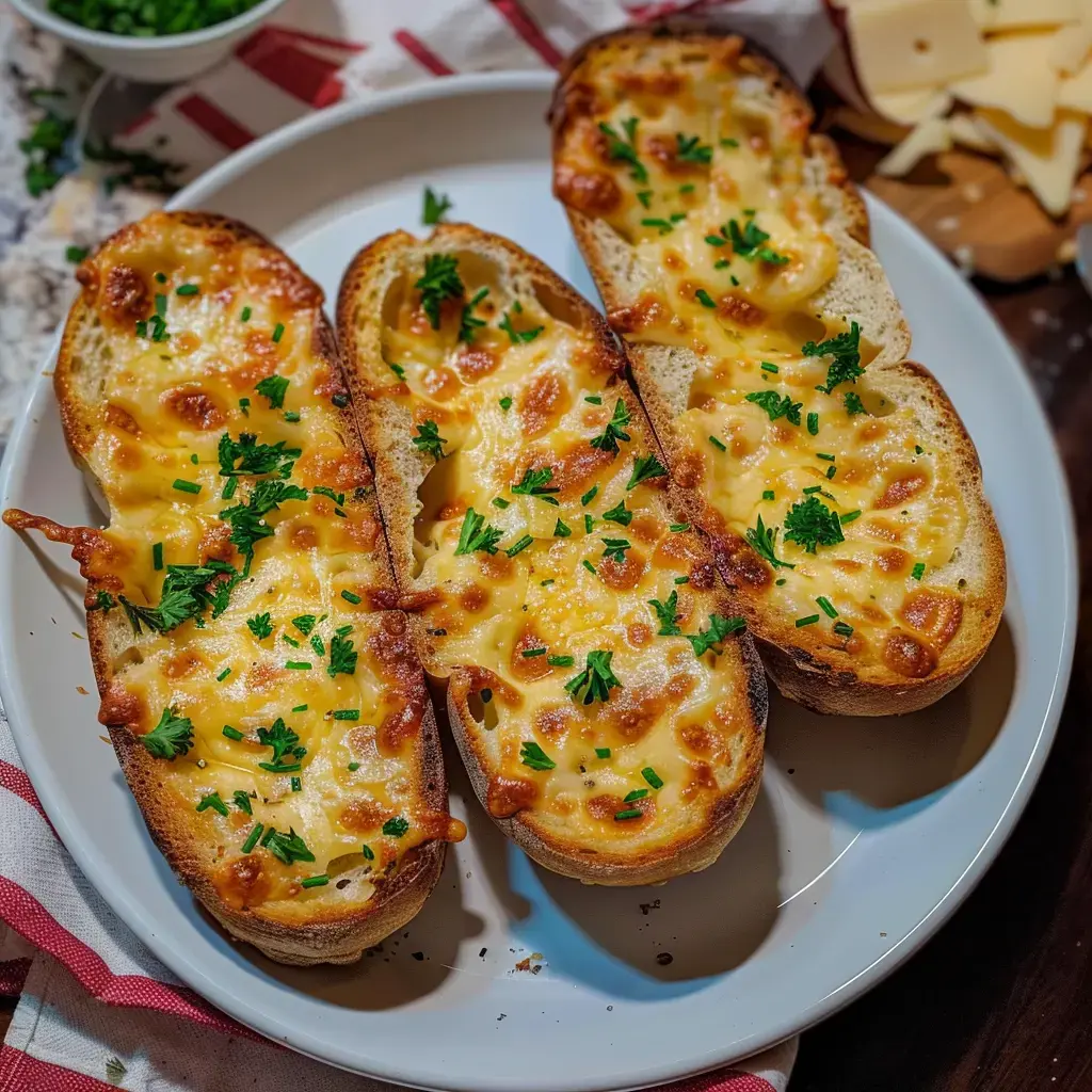 Tranches de baguette gratinées au fromage et persil, sur une assiette blanche.