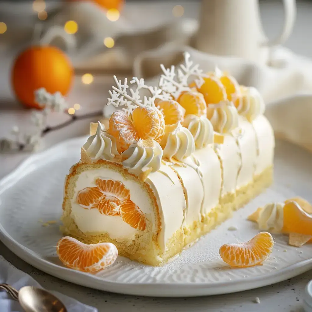 Un roulé tout décoré avec de la chantilly et des mandarines, flocons de sucre dessus, posé sur une assiette.