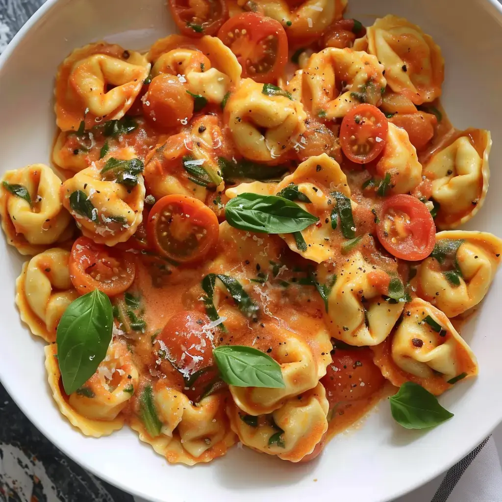 Beaucoup de tortellinis dans une sauce à la tomate crémeuse, avec du basilic tout frais et des tomates cerises coupées.
